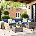 ovios 6 Pieces Patio Furniture Set Outdoor Sectional Sofa Couch with Comfy Cushions and Deep Seat, Modern Modular Wicker Rattan Conversation Set, Navy Blue