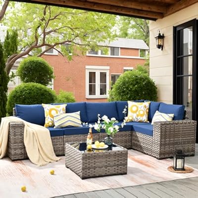 ovios 6 Pieces Patio Furniture Set Outdoor Sectional Sofa Couch with Comfy Cushions and Deep Seat, Modern Modular Wicker Rattan Conversation Set, Navy Blue