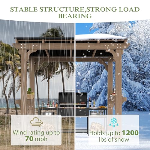 Image of BlueWish 8' x5' Outdoor Grill Gazebo, Wood Grill Gazebo with Metal Sloping Roof, Heavy Duty Cedar Wood Frame, Wind-Resistant Patio Gazebo with Shelves for Barbecue, Backyard, Garden, Light Mocha Brown