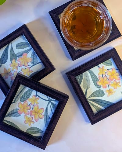 Image of Coaster | Wooden Square Shaped Frame | Stylish Ethnic Tabletop Design | Ideal for Home & Office | Perfect for Tea Cups, Coffee Mugs & Glasses (Frangipani, Set of 4)