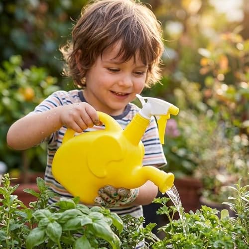 Image of Go Hooked Elephant Shape 2-in-1 Plant Watering Can with Spray Bottle 1.5L | Plastic Garden Watering Pot with Long Spout & Handle | Indoor Plants, Balcony Gardening Water Sprayer (Multicolor)