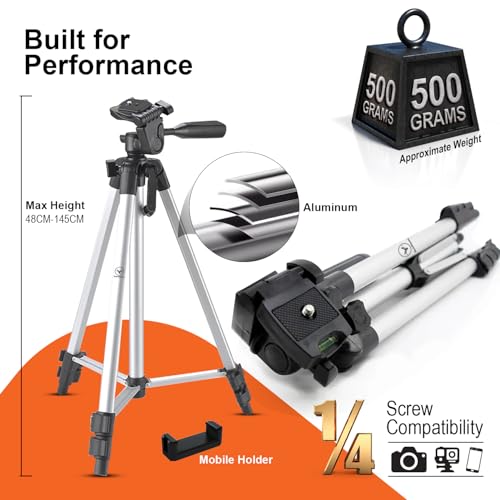 Image of Aluminium Tripod Stand 48cm-145cm | Lightweight with 360 Rotation | Phone Tripod for Mobile, DSLR, GoPro & Ring Light | Adjustable Travel Tripod with Carry Bag & Mobile Holder