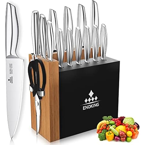 Knife Set, ENOKING Ultra Sharp Knife Block Sets with Independent Sharpener, German Stainless Steel Knives Set for Meat, Vegetables, Fruits Chopping, Slicing, Dicing & Cutting (15 Pieces) Cover