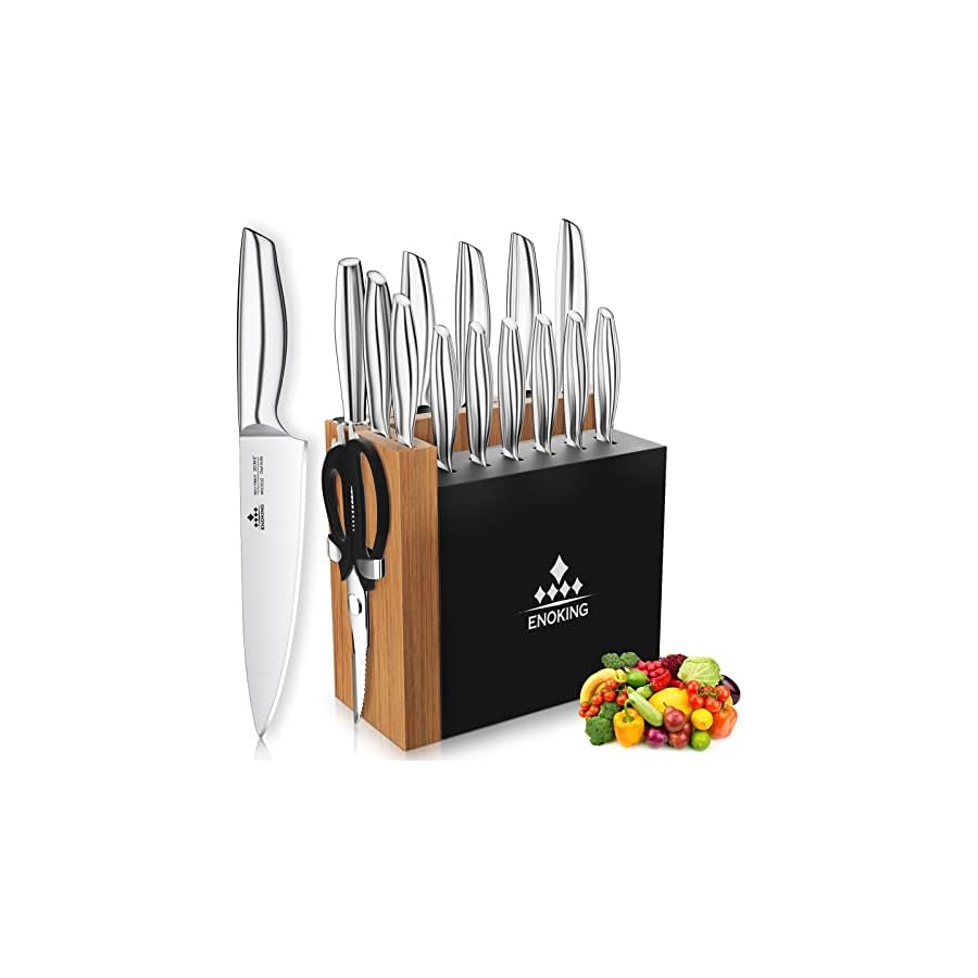 Knife-Set-ENOKING-15-Pieces-Chef-Knife-Set-Knives-Set-for-Kitchen-with-Block-German-Stainless-Steel-Knife-Block-Set-with-Scissor-and-Sharpener-Rod-Dishwasher-Safe-Ultra-Sharp-Full-tang-Design Knife Set, ENOKING Ultra Sharp Knife Block Sets with Independent Sharpener, German Stainless Steel Knives Set for Meat, Vegetables, Fruits Chopping, Slicing, Dicing & Cutting (15 Pieces)