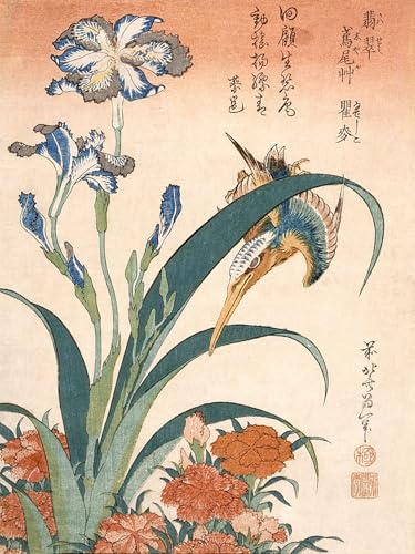 Kingfisher Iris and Pinks decoration murale Hokusai affiche art moderne