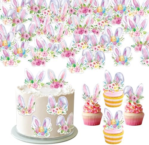 42Pcs Edible Easter Bunny Ear Cupcake Toppers Wafer Paper Happy E...