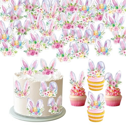 42Pcs Edible Easter Bunny Ear Cupcake Toppers Wafer Paper Happy