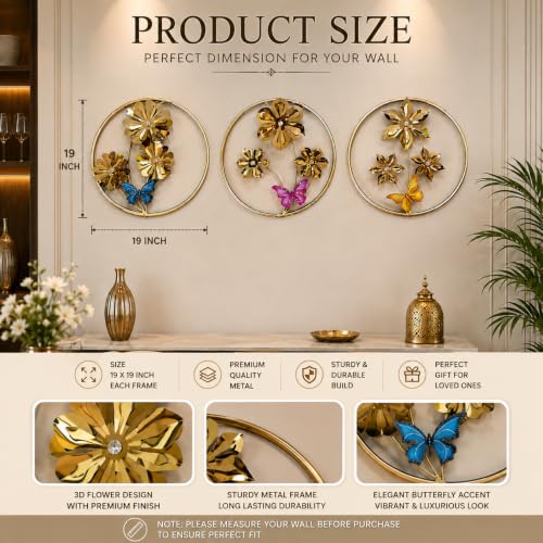 Image of SHREE 'O' GREEN TECH - Round Large Gold Metal Wall Decor Set of 3 Floral Flower Artwork with Multicolor Butterfly Decorative Wall Hanging for Home (19 x 19 Inch)