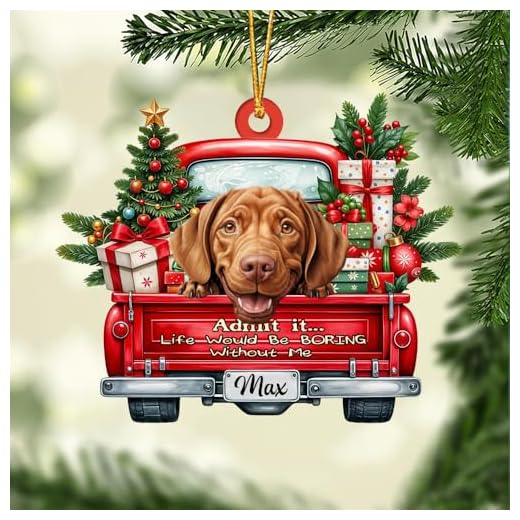 FAMITRENDZ Personalized Wirehaired Vizsla Dog On Red Truck Ornaments, Custom 2D Flat Shape Wirehaired Vizsla Dogs Name Ornament, Dog Christmas Ornament, Dogs Lover Gift, Christmas Decor