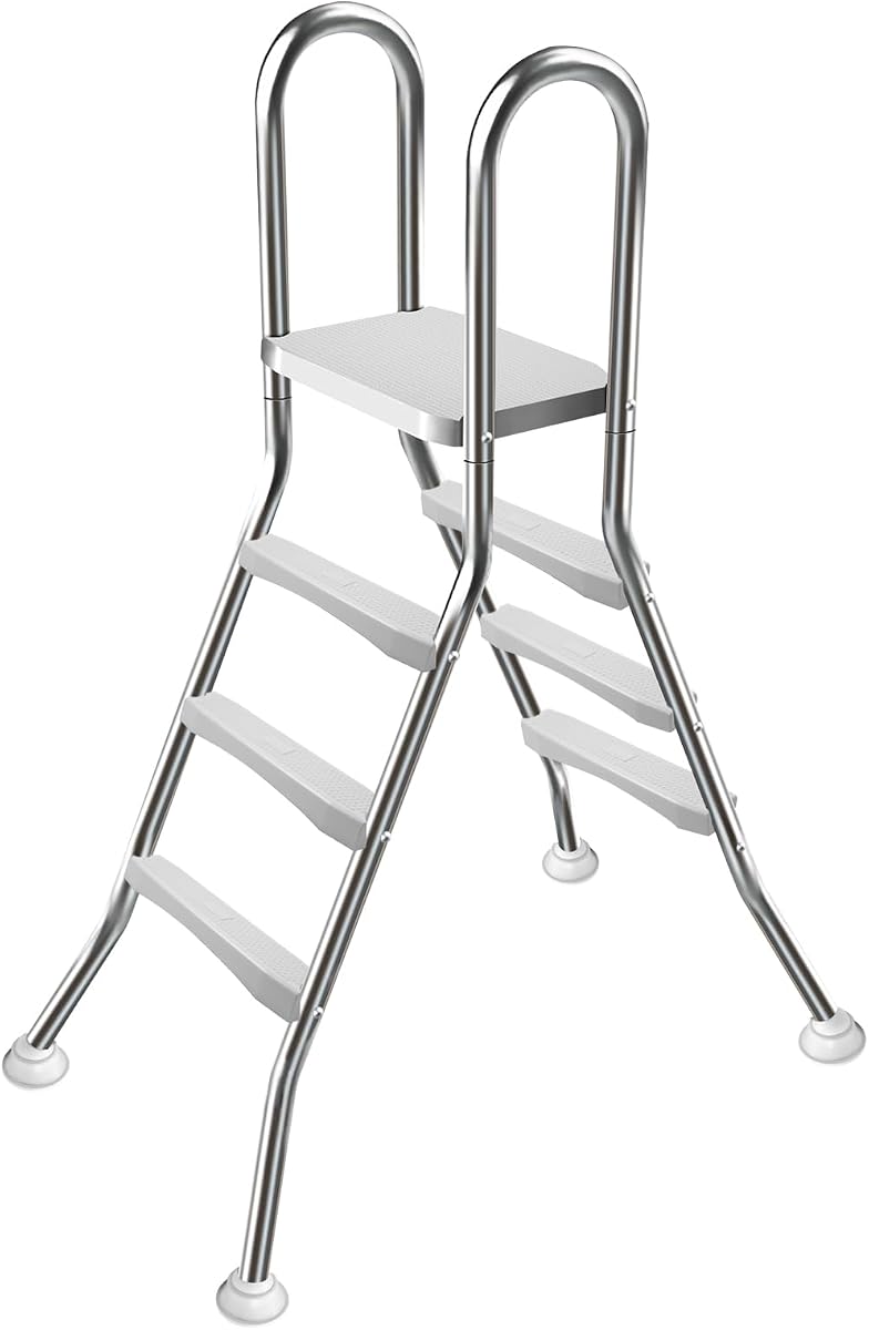 Above Ground Pool Ladder,42" Heavy Duty Luxury Pool Ladder with Platform,3-Steps Swimming Pool Ladder,304 Stainless Steel,551 lbs Load Capacity,Anti-Slip feet& Wider Steps