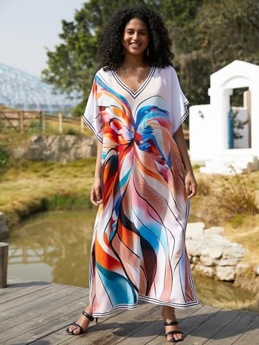 Image of IMAGEKOPE Kaftan Dresses for Women Plus Size Bathing Suit Cover up Vneck Batwing Dress Loose fit Moroccan Caftan mumu Dresses