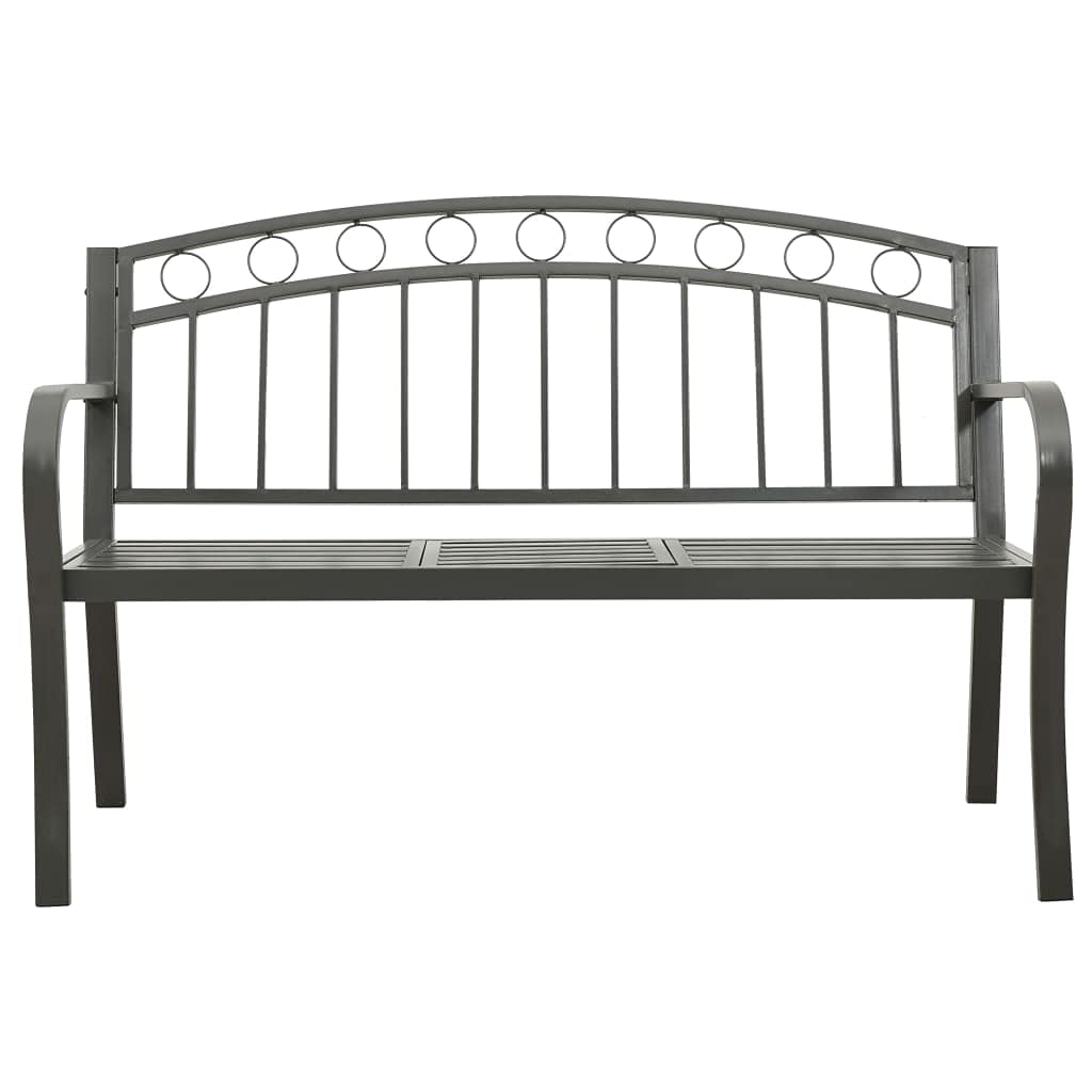 Graue Gartenbank mit integriertem Tisch, 120 cm breit, aus robustem, pulverbeschichtetem Stahl, ideal für Outdoor-Terrasse, Gartenmöbel im Außenbereich, Bequeme Sitzgelegenheit.