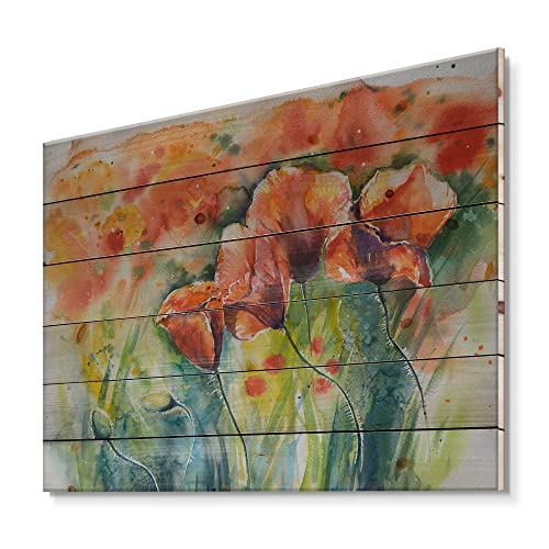 DesignQ Red Blossoming Poppies V - Traditional Print on Natural Pine Wood Cover
