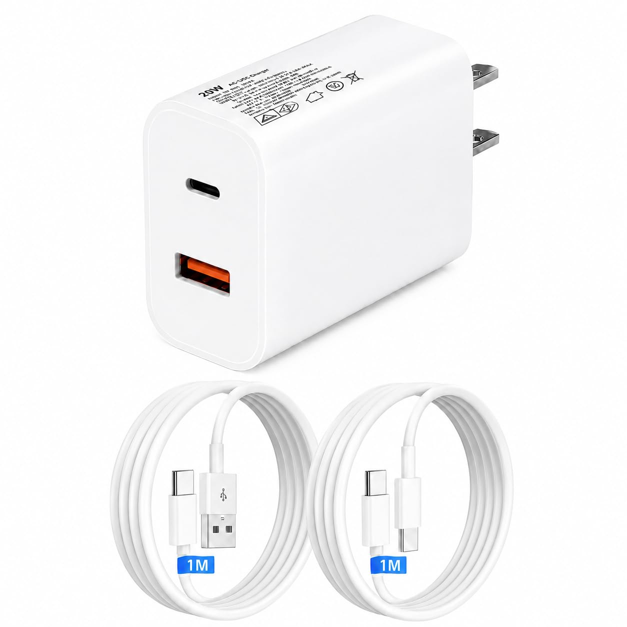 タイプC充電器 USB Type-C充電器 PD20W急速充電対応 USB-A＆Type-C 2ポート搭載 コンセント式電源アダプター iPhone 18Air /18 Pro Max/17/16/15/14/13/SE3、iPad、Android、タブレット対応 (a白1m1m, 20w)
