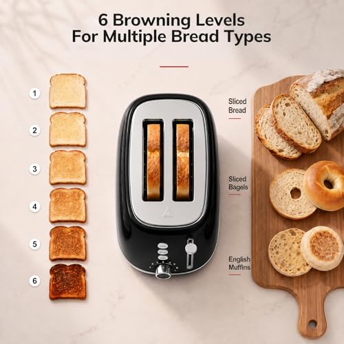 Image of 2 Slice Retro Stainless Steel Toaster with Bagel, Cancel, Defrost Function and 6 Bread Shade Settings Bread Toaster, Extra Wide Slot and Removable Crumb Tray (Black)