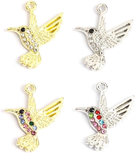 60 Pack Rhinestone Hummingbird Charms Mini Crystal Bird Animal Pendant Enamel Beads for Jewelry Making DIY Necklace Earrings Silver or Gold Metal