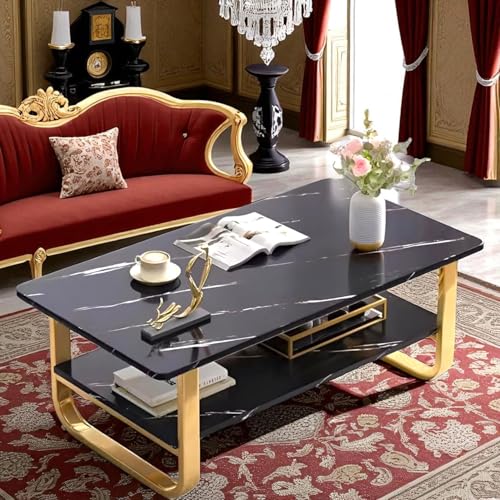 Image of Engineered Wood Coffee Table with Metal Base & 2 Tier Storage | Modern Rectangle Center Table for Living Room Sofa Set | Easy DIY Assembly (90 x 48 x 48 cm) (Gold Black)