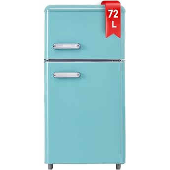 DRIXNO Retro Fridge Upper and Lower Double Door Fridge Blue 72 Litre Total Volume with 21 Litre Freezing Volume 120 kWh per Year LED Light [Energy Class E]