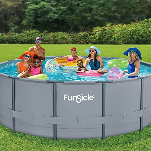 Funsicle 14ft x 48in Round Gray Above Ground Pool with SkimmerPlus Filter Pump & Ladder