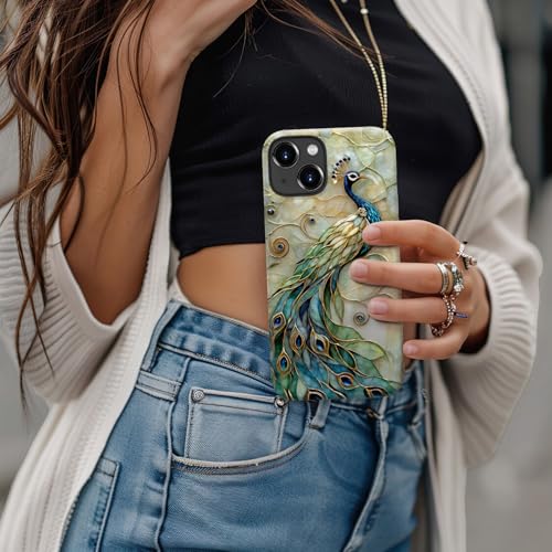 Image of Goodon for iPhone 15 Plus Case Cute - Wireless Charging Compatible - Dual-Layer Hard Shell + Silicone Cover - Protective Phone Case with Trendy Designs for Women - Peacock and Flower