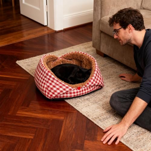 Maison pour chat rembourré en peluche douce avec coussin isolant amovible