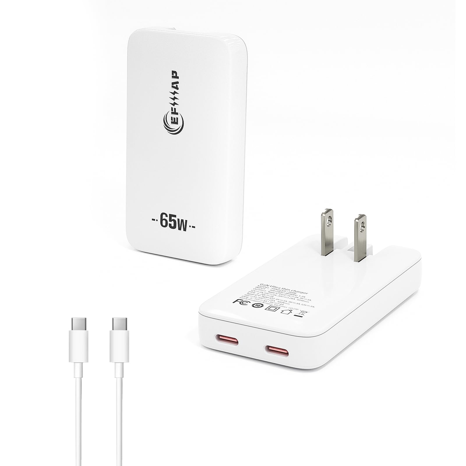 Flat Dual Port USB C Wall Charger, 65W USB-C Slim Block Fast Charging with Foldable Plug for iPhone 16/15, Pro Max/Samsung Galaxy Models,Includes