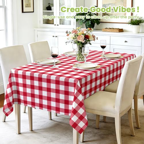 Image of Mulbozy 4 Pcs Red Checkered Tablecloth 54 x108 Inches Rectangle Red Gingham Tablecloth Disposable Plastic Waterproof Table Cover for Outdoor Picnic, Kitchen, Holiday Birthday Party