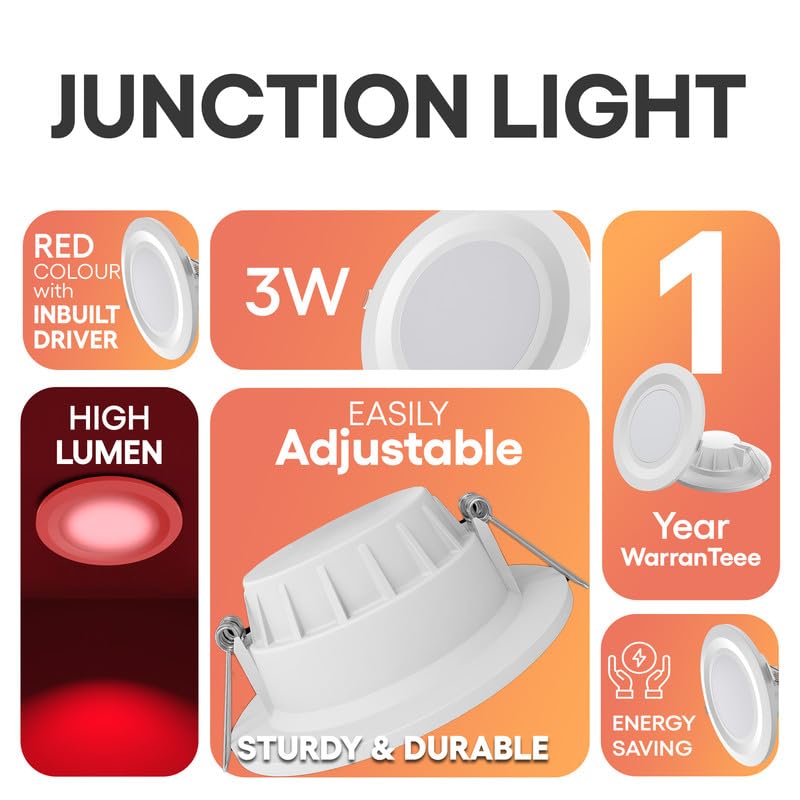 Image of elleys' Zain 6 Watt Junction Box Led Ceiling Light| Cut Out- 75 mm|BIS Certified| Red Color Ceiling Light for Hall,Room,Office | Led Downlighter Colour (Red) Pack of 1