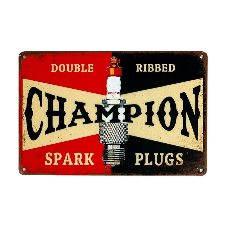 Image of Eazywagon Decorative Retro Metal Signs Wall Plate - 12x8 Inch (Champion Spark Plugs) | Weatherproof Vintage Metal Sign Plate for Cafe, Home, Bar, Garage | Decorative Wall Hanging Sign Board