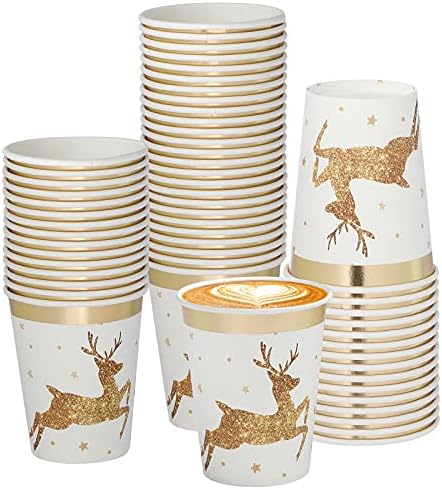 NETTEMPT Disposable Christmas Cups(50 Pack 9 oz).Paper in Golden Elk Design with Gold Foil Outline and Star for Holiday Party Supplies