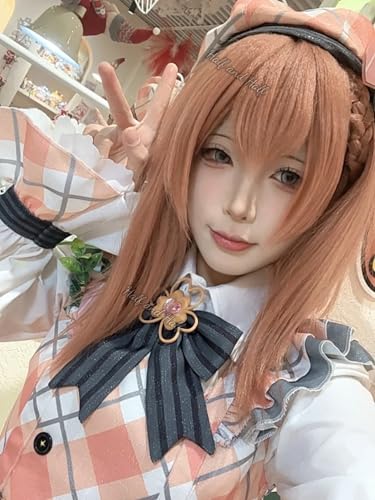 Image of Half and Half Orange Pink Anime Wig for Hanasato Minori Cosplay Shoulder Lenth Deep Rose Blonde Game Wig with Side Part Bangs for Women Halloween Party Daily