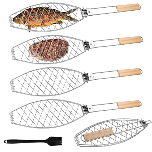 Fisch Grillhalter mit Holzgriff 4er, 63x12cm Große Fischbräter Fischgriller mit Griff, Edelstahl Grillfisch Rack Fischgrillzange Fischkorb für Grill und BBQ