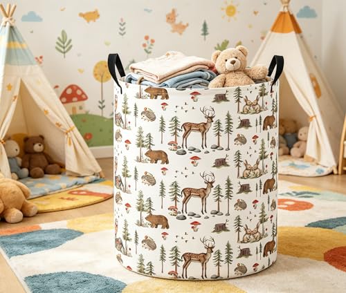 Image of Baby Laundry Basket Baby Nursery Hamper Kids Laundry Basket Toy Storage Bin for Boys Room Decor Gift Baskets for Bedroom Bathroom(Woodland Animal)