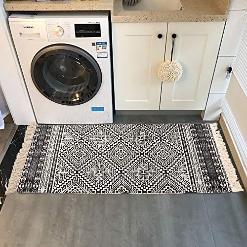 Seavish Boho Area Rug 2'W X 4.3'L Decorative Black And Cream Diamond Symmetry Kilim Rug Small Bedroom Rug Hand Woven Cotton Rug For Entryway Throw Rugs For Laundry Room Living Room Bathroom Dorm #TOP3