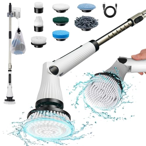 Limpiador eléctrico giratorio, limpiador eléctrico inalámbrico para bañera con 8 cabezales de cepillo de taladro reemplazables, cepillo de limpieza de ducha con mango ajustable para suelos de