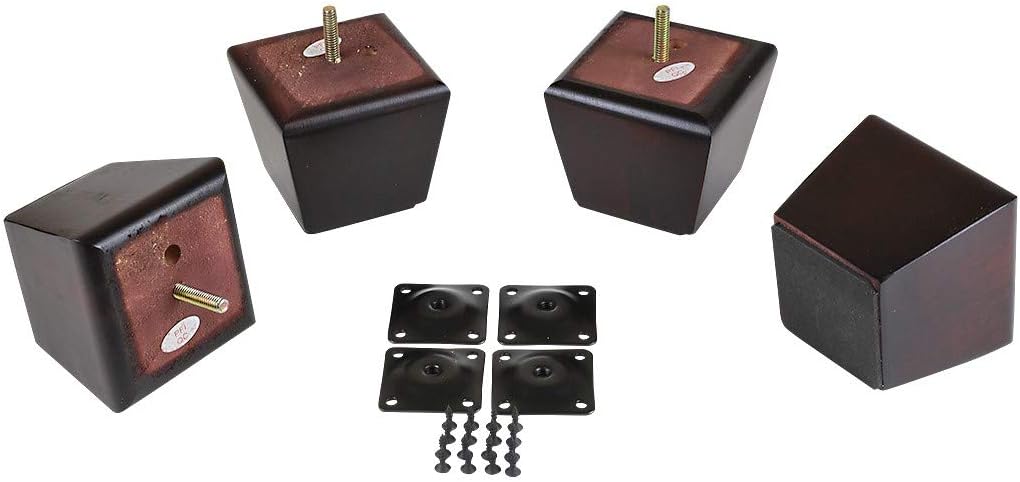 ProFurnitureParts 3" Inch Dark Walnut Square Tapered Wood Sofa Legs W/ Leg Plates
