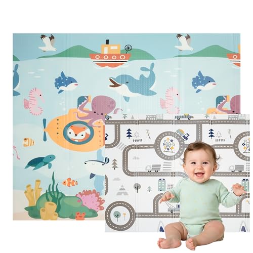 Nomady Kids   Alfombra de juego Plegable, Acolchada y Reversible (200x180cm)   Colchoneta para Bebes y Niños (Mar y Ciudad)