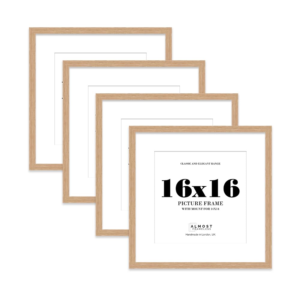 16x16 Oak Picture Frame with Mount for 14x14 Photos, Prints - Modern Square Wall Frame, Set of 4
