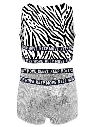 Mufeng Kids Girls Jazz Hiphop Dancewear Gymnastics Tracksuit Crop Tank Top Sequins Shorts Set2