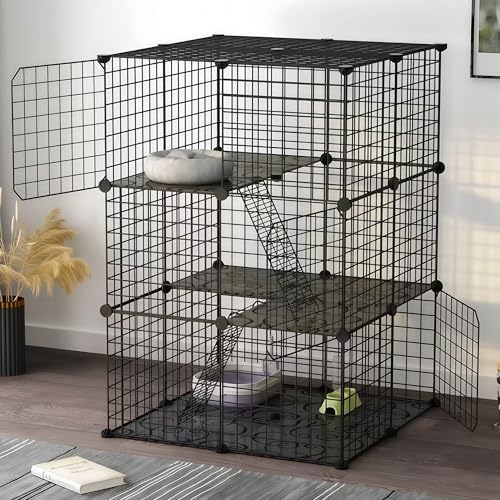 AUTO HIGH Katzenkäfig, Gehege, Katzenlaufstall zum Selbermachen, Abnehmbarer Metalldrahtkäfig, 70 x 70 x 105 cm, für 1–2 Katzen, 3-stöckig mit 3...