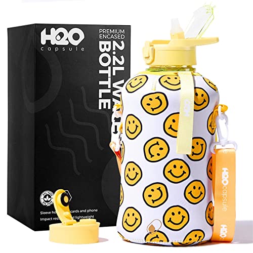 H2O Capsule 2.2L Half Gallon Water Bottle with Storage Sleeve and Covered Straw Lid â BPA Free Large Reusable Drink Container with Handle - Big Sports Jug, 2.2 Liter (74 Ounce) Happy Day