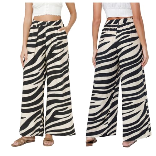 Ystguic Women Elastic Waist Palazzo Wide Leg Zipper Button White Black Zebra Stripe Animal Print Viscose Rayon Tapered Dress Pant with Pockets for Office Vocation Work Casual Beach Trouser Large L — view 2