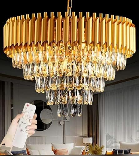 Image of Modern Ceiling Lamp 5-Tier Round Crystal Chandelier for Living Room | Bluetooth Remote Control and Moving Round| Speaker+ Multi Color LED Light (Remote Full Gold, 600MM)