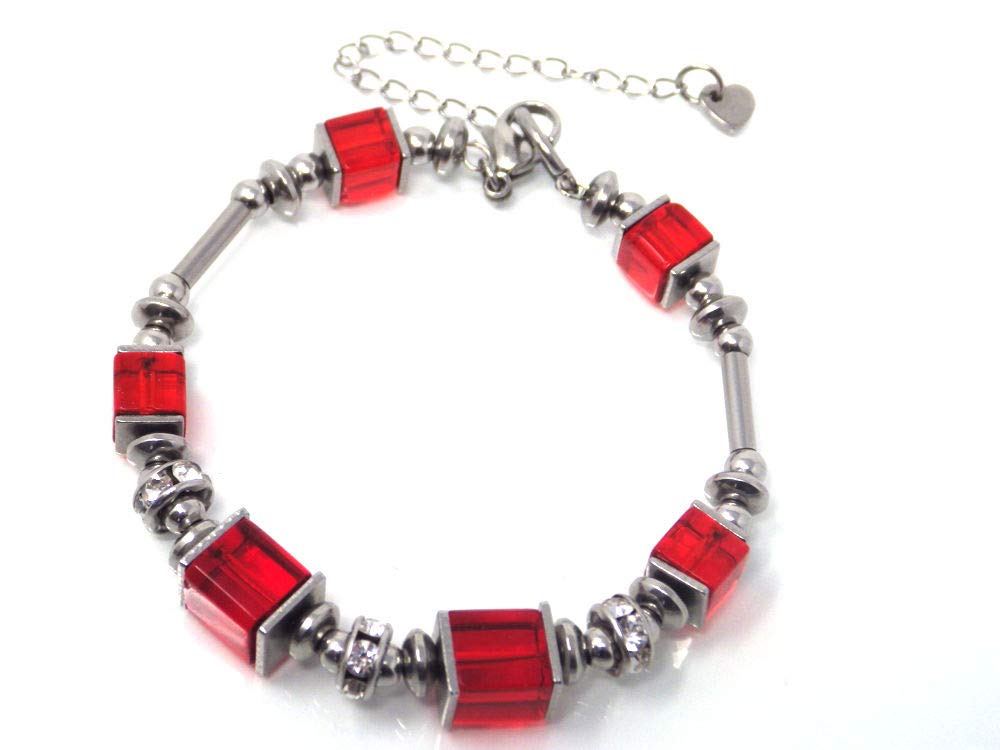 Bracciale rigido da donna in acciaio inossidabile con perle di vetro rosso e perline di strass