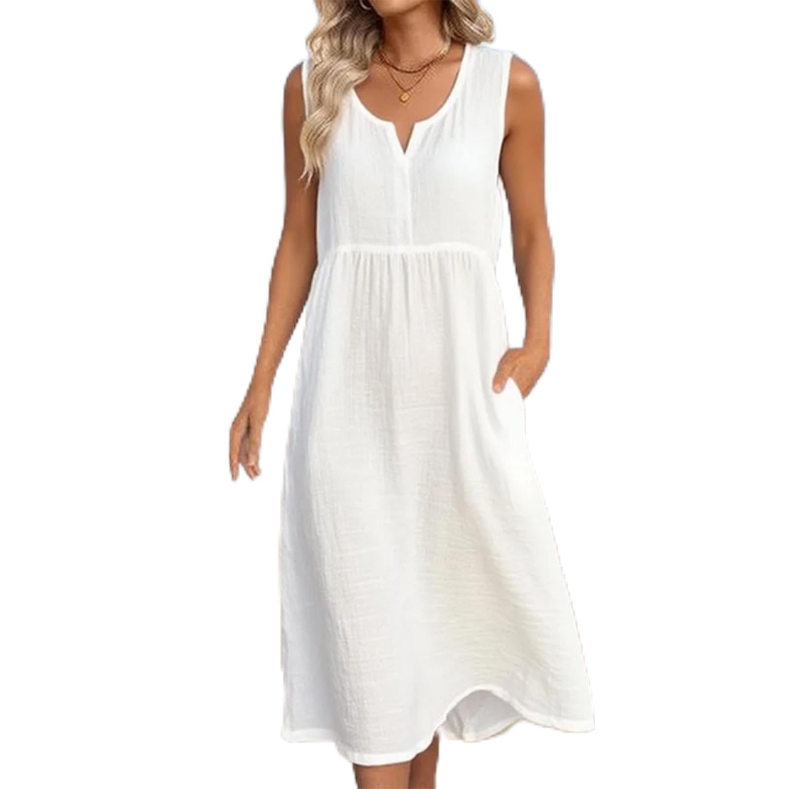 Frostluinai Womens Cotton Linen Midi Dresses Sleeveless Crewneck Empire Waist Loose Comfy Beach Casual Sundress — view 5