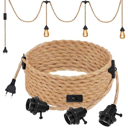 Porta Lampada E27 con Cavo Vintage: Portalampada E27 con Cavo da 6.8m in Corda di Canapa Intrecciata, Portalampada con Interruttore Lampadario Corda, 3 Lampada Senza Lampadina