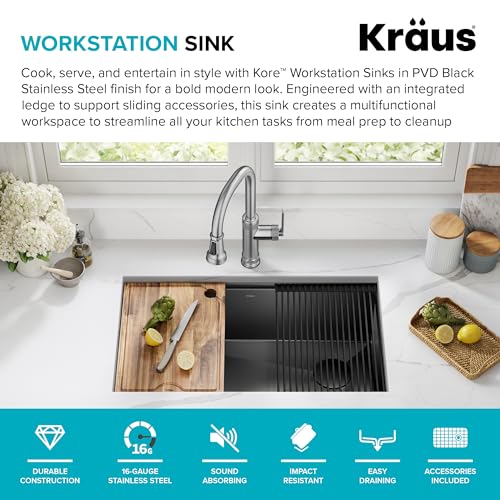 KRAUS Kore Workstation 32-inch Undermount 16 Gauge Black Stainless Steel Single Bowl Kitchen Sink in PVD Gunmetal Finish with Accessories, KWU110-32/PGM