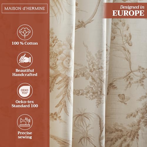 Image of Maison d' Hermine Curtains for Living Room 100% Cotton 50 inchx96 inch (Pack of 1) | 96 inches long Light Filtering Toile Curtains for Windows with Rod and Loop Pockets - Paradise - Almond