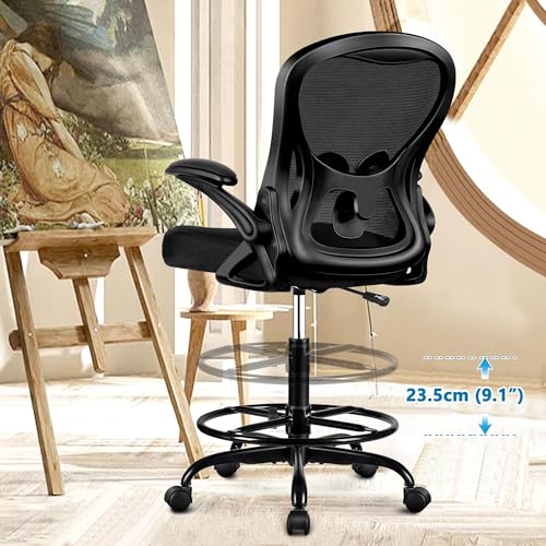 Winrise Drafting Chair, Tall Office Chair Ergonomic Standing Desk Chair, Lumbar Support Computer Chair Swivel Task Rolling Chair With Adjustable Flip-Up Armrests & Foot Ring thumb #5