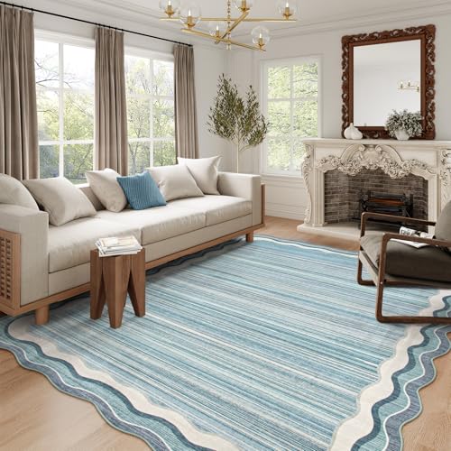 Image of Lahome Estelle Scalloped 8x10 Area Rugs for Living Room, Washable Soft Blue Rug for Bedroom, Abstract Modern Non Slip Low Pile Indoor Carpet for Dining Room Home Office (Blue,8x10)
